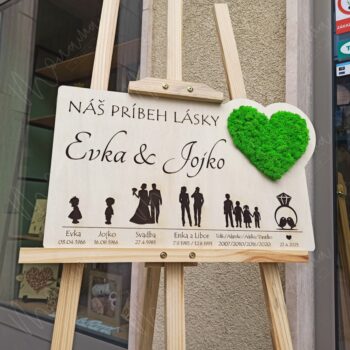 Personalizovaný obraz 'Náš príbeh lásky' – drevený obraz s gravírovanými dátumami, menami a machovým srdcom, ideálny darček pre pár.