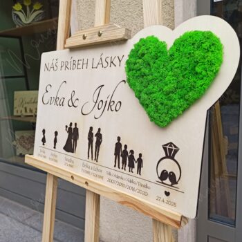Personalizovaný obraz 'Náš príbeh lásky' – drevený obraz s gravírovanými dátumami, menami a machovým srdcom, ideálny darček pre pár.