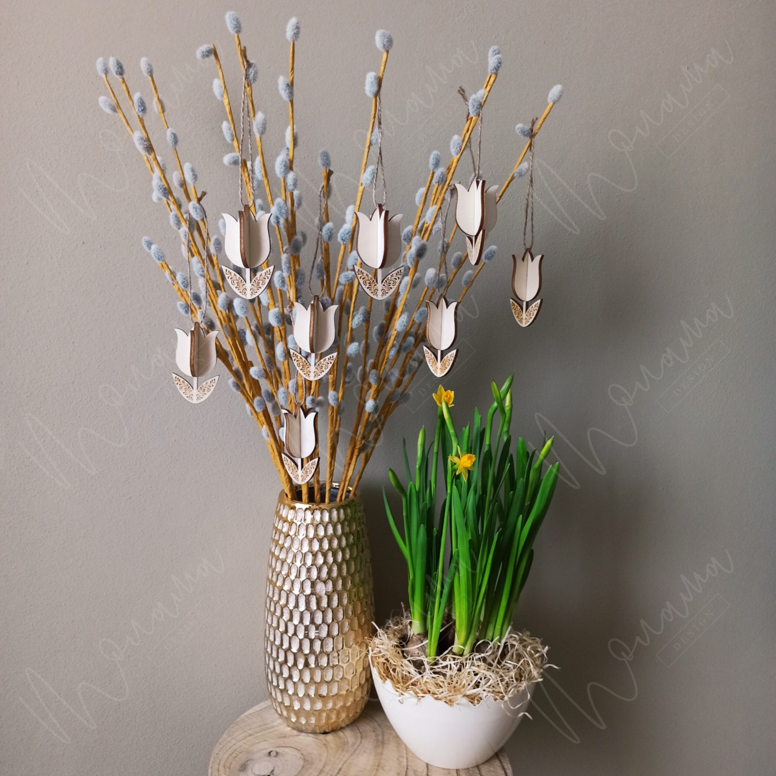 Drevená ozdoba tulipán 3D na zavesenie – jarná dekorácia z dreva